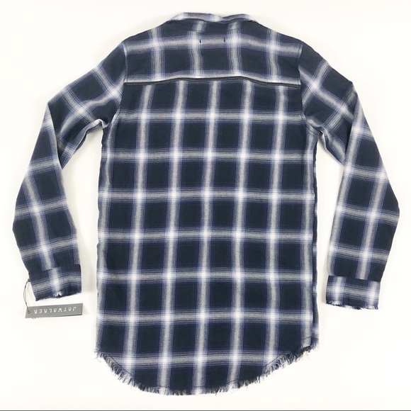Jaywalker Blue White plaid Frayed Tunic NWT Size L - Picture 6 of 7